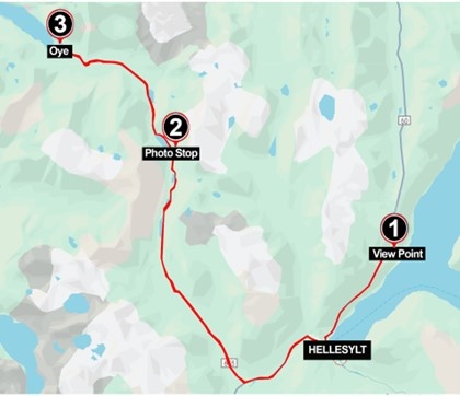 Map showing a route from Hellesylt to Øye with stops at points 1 (View Point) and 2 (Photo Stop).