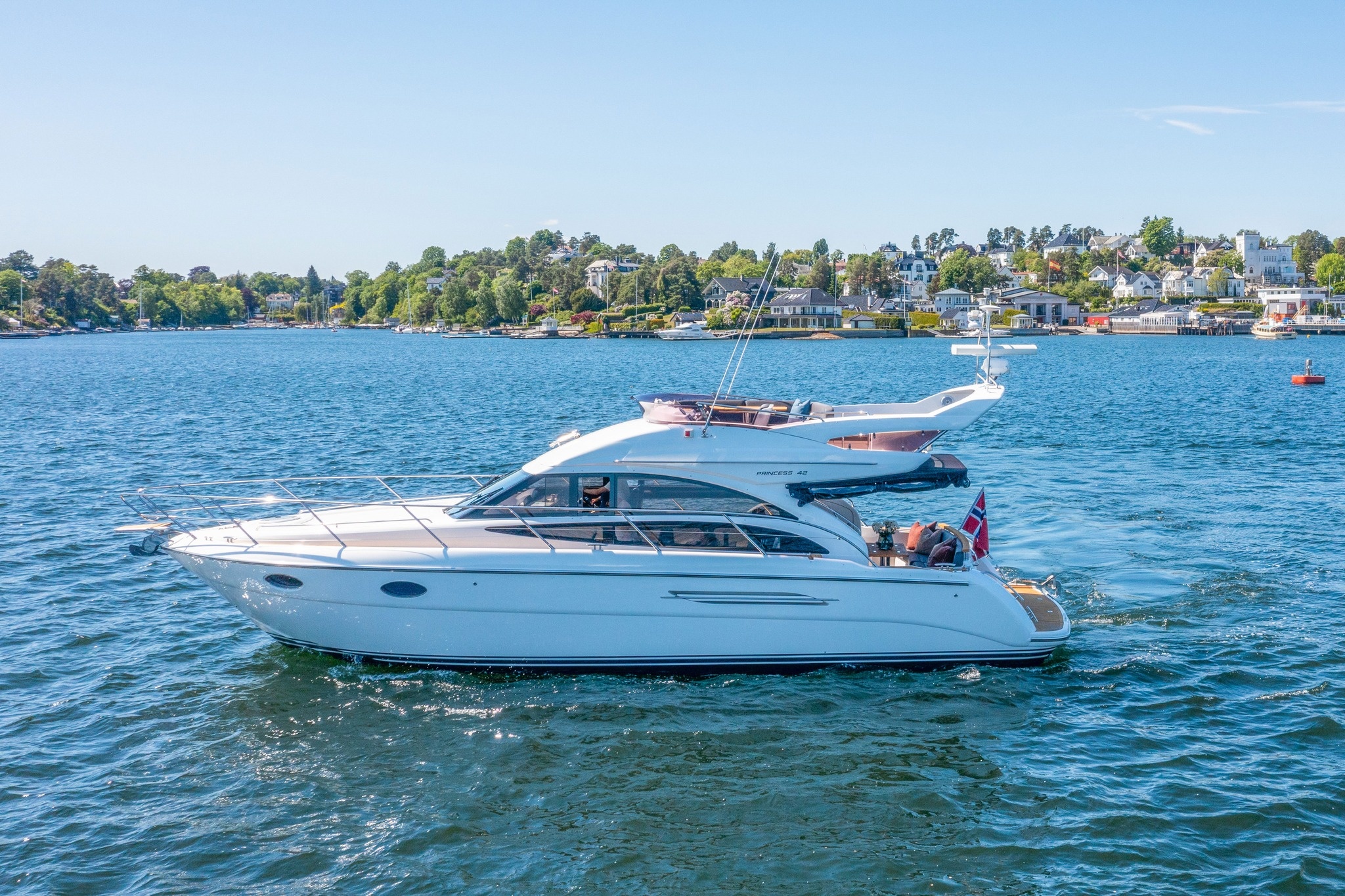 White yacht sailing on a blue lake with houses in the background.