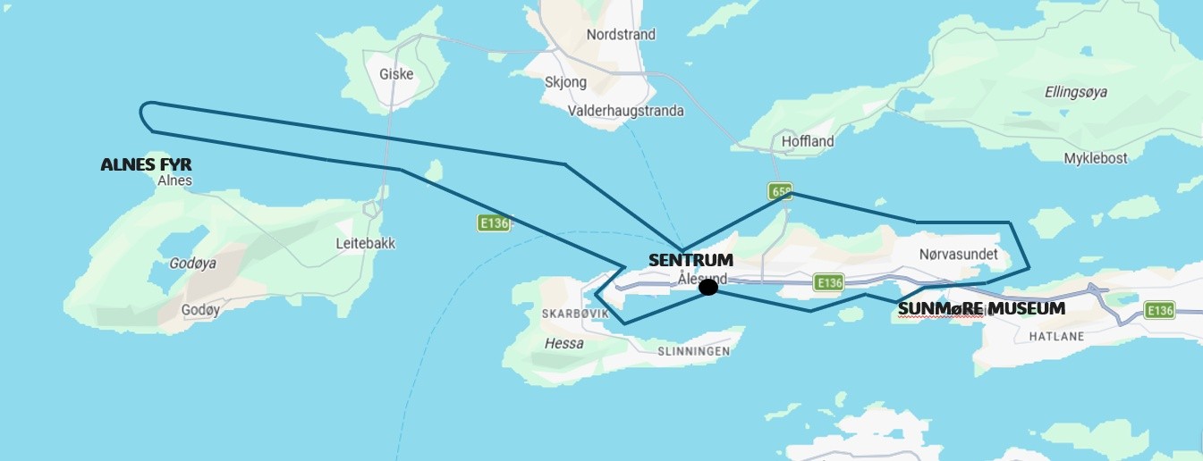 Map showing route between Alnes Fyr and Sunnmøre Museum over several coastal islands.
