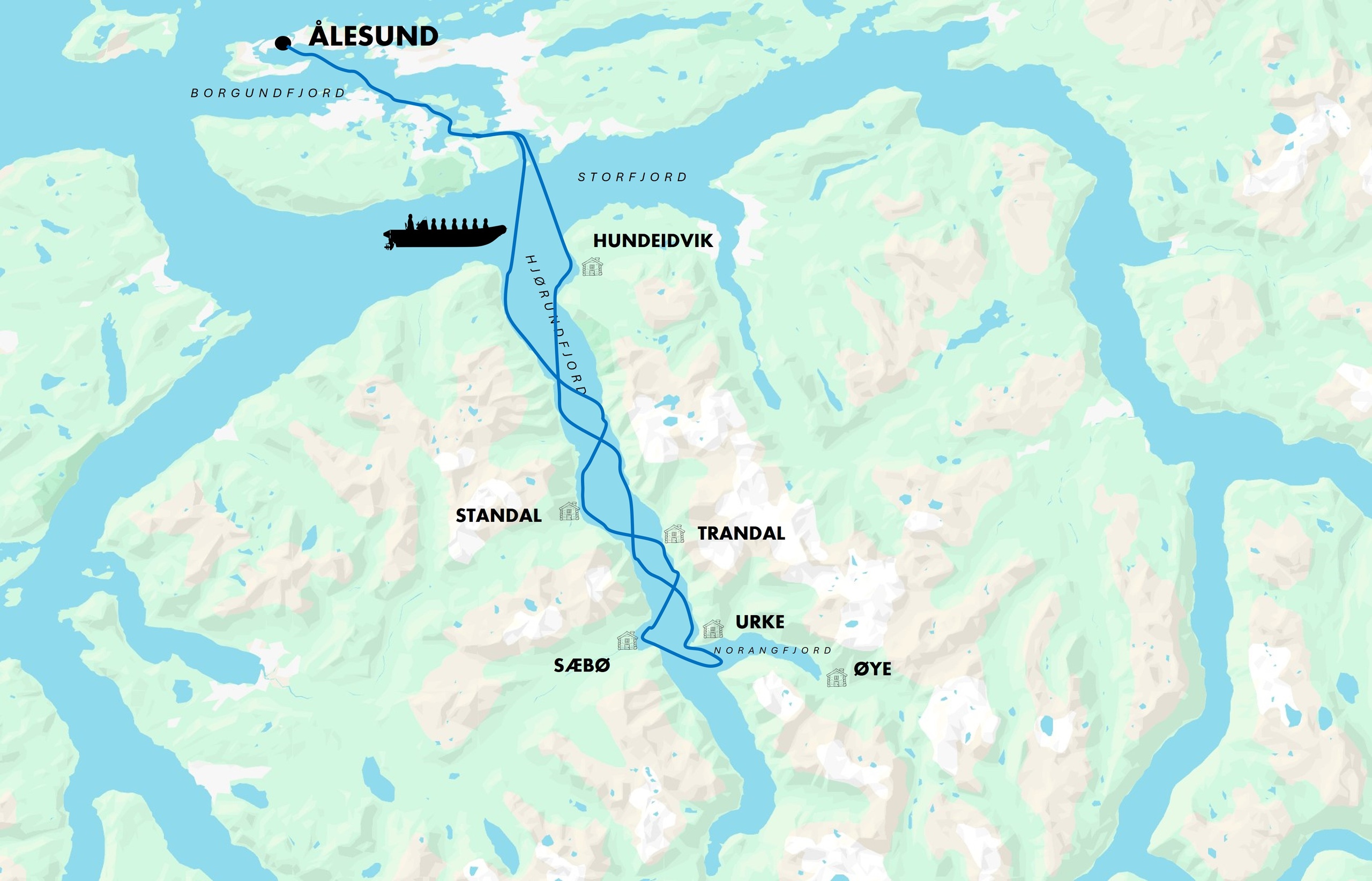 Map of a fjord route with a ship from Ålesund through several locations.