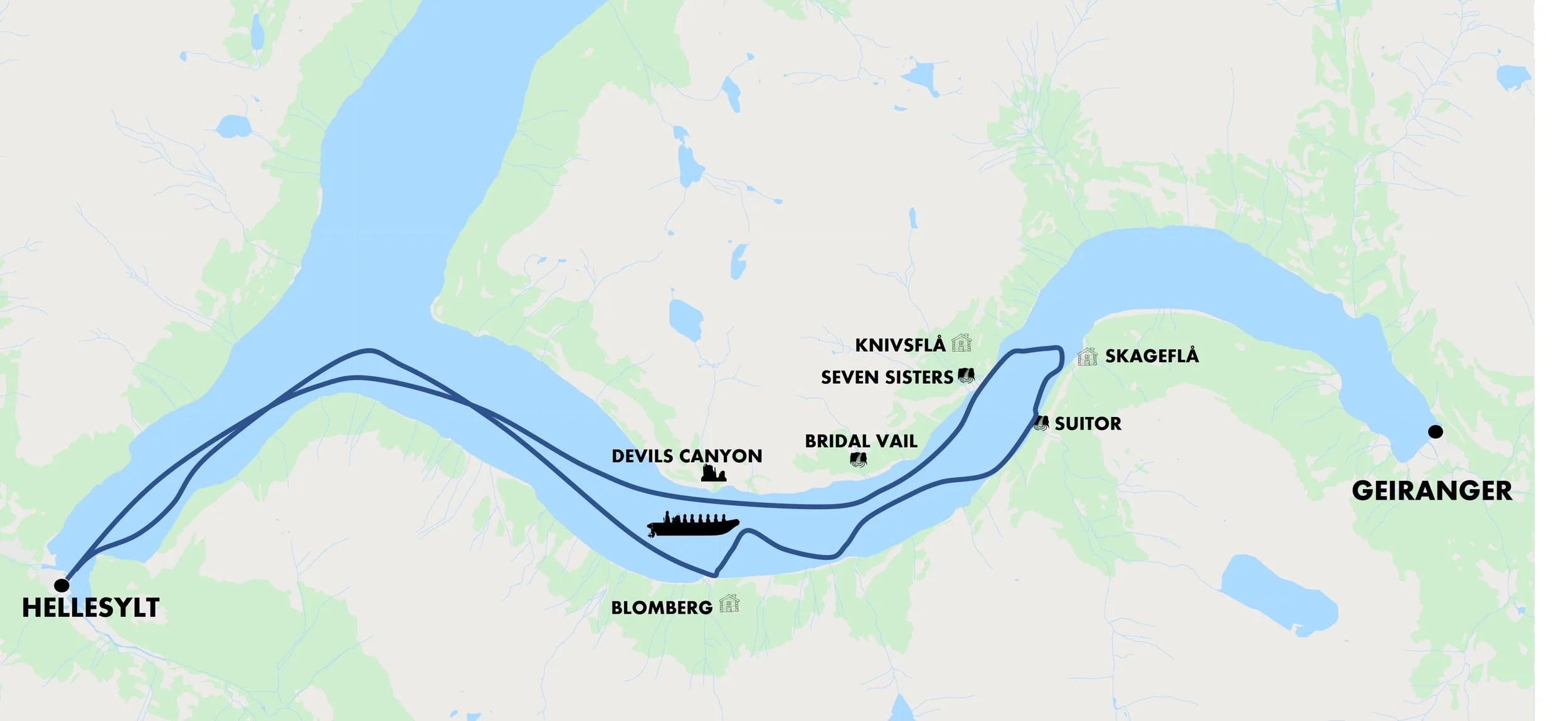 Map showing a cruise route from Hellesylt to Geiranger with landmarks.