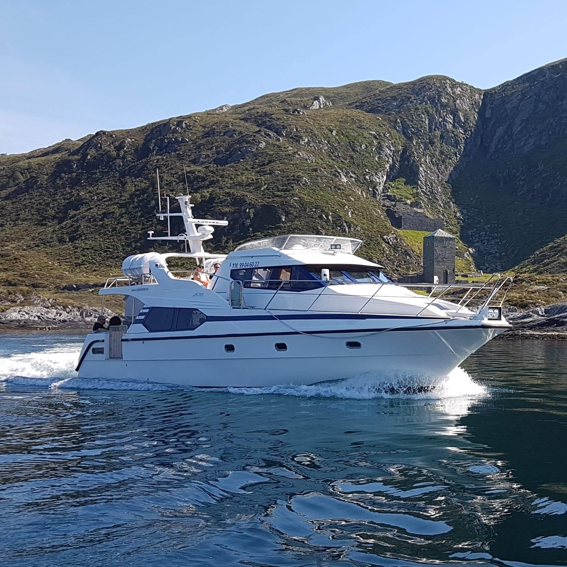 White yacht sailing near rocky coast with hills.
