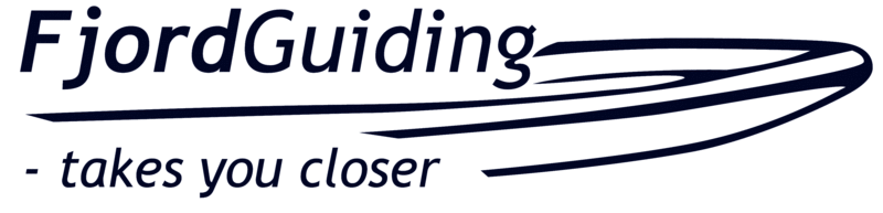Logo with 'FjordGuiding - takes you closer' and sleek boat graphic.