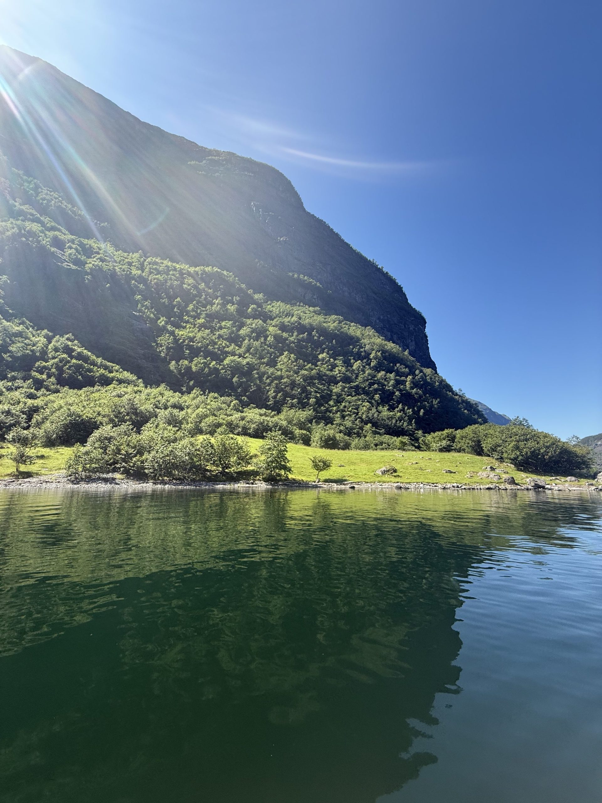 Scenic view of a green hillside reflecting in a calm lake under a clear blue sky.