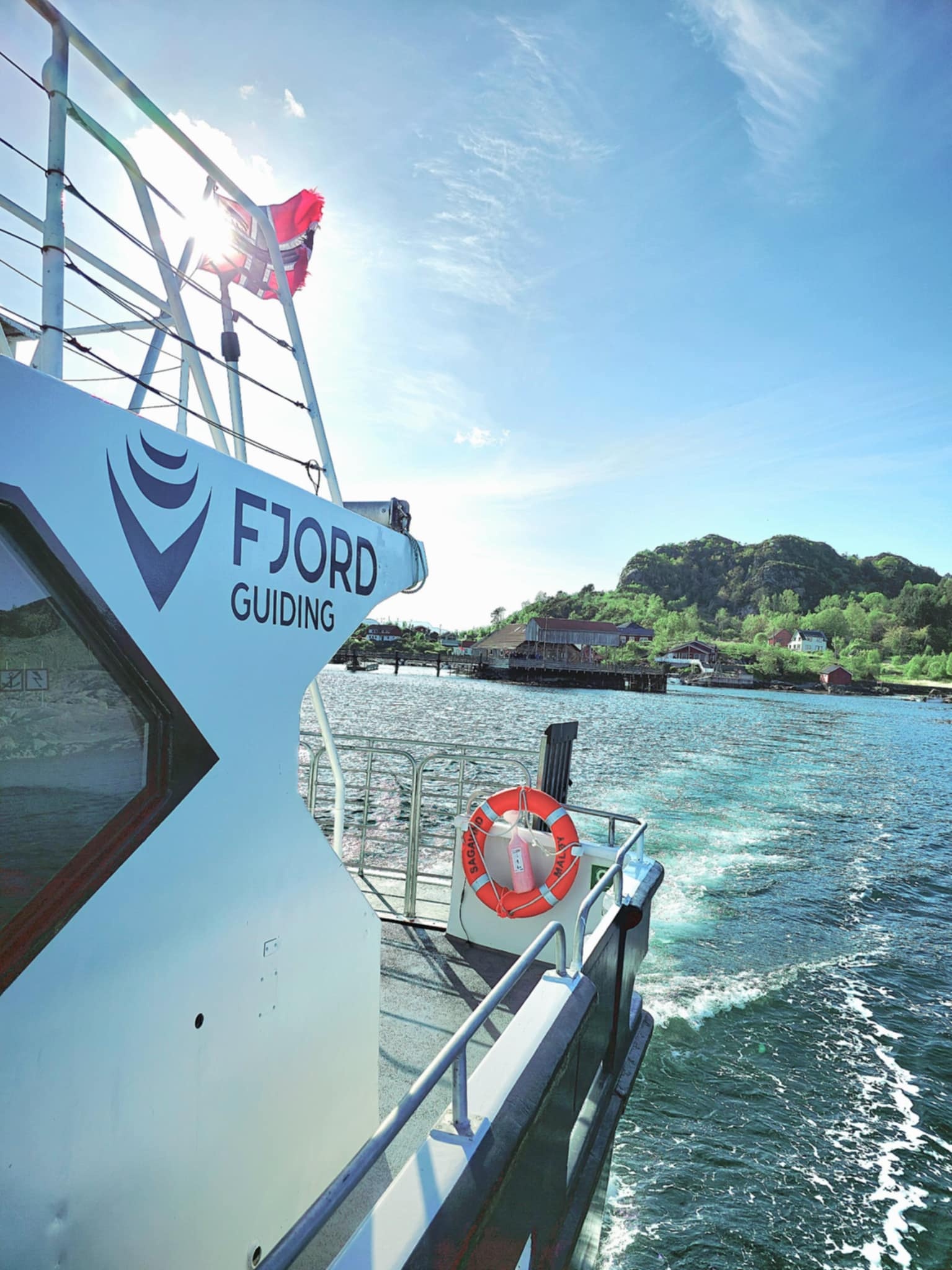 Ferry on water with logo, lifebuoy, and distant island under clear blue sky.
