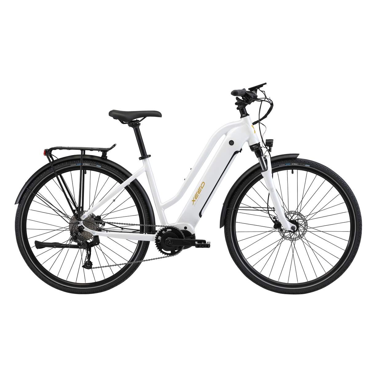 White electric bike with a step-through frame and black fenders.