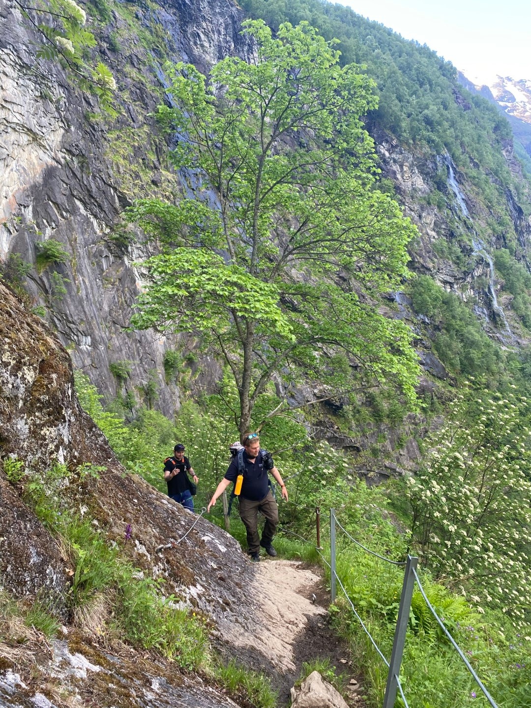 Two hikers ascend a rocky mountain trail with lush green trees and steep cliffs.