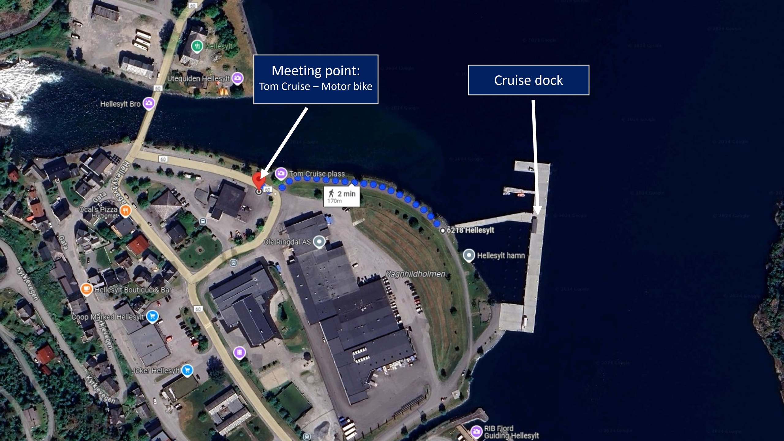Map showing meeting point and cruise dock with labels and paths.