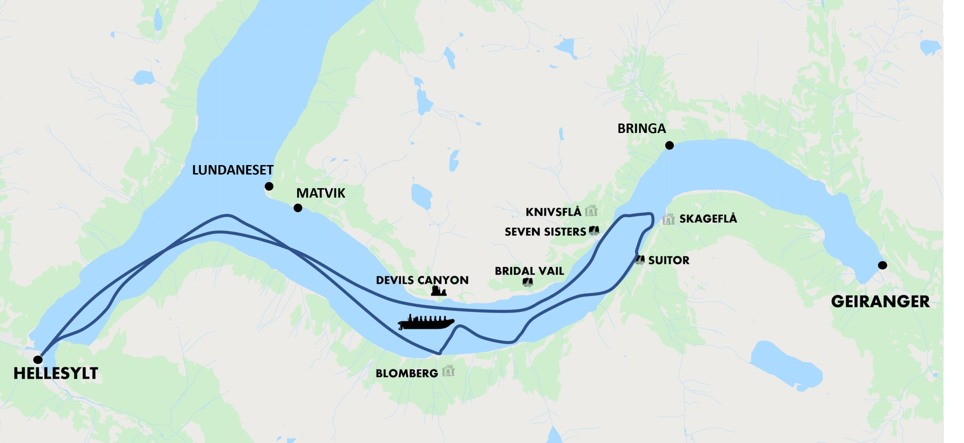 Map showing a cruise route through Geirangerfjord with stops like Hellesylt and Geiranger.