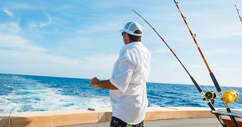 Man fishing on boat, facing ocean, with two fishing rods on the right.
