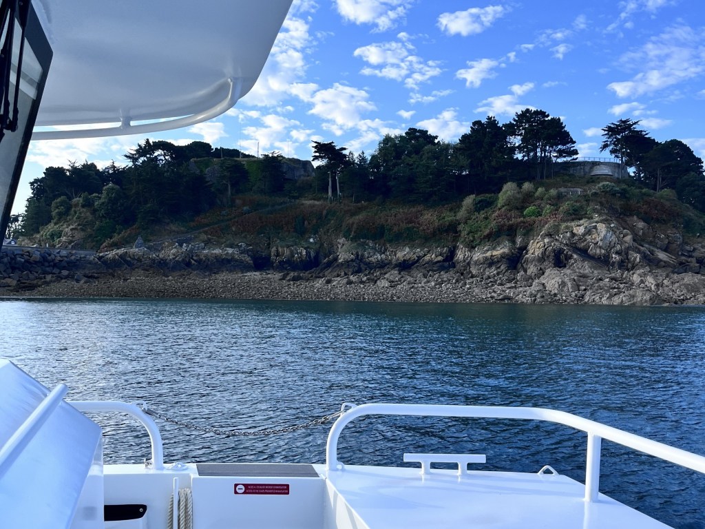 View of rocky shoreline and trees from boat under partly cloudy sky.