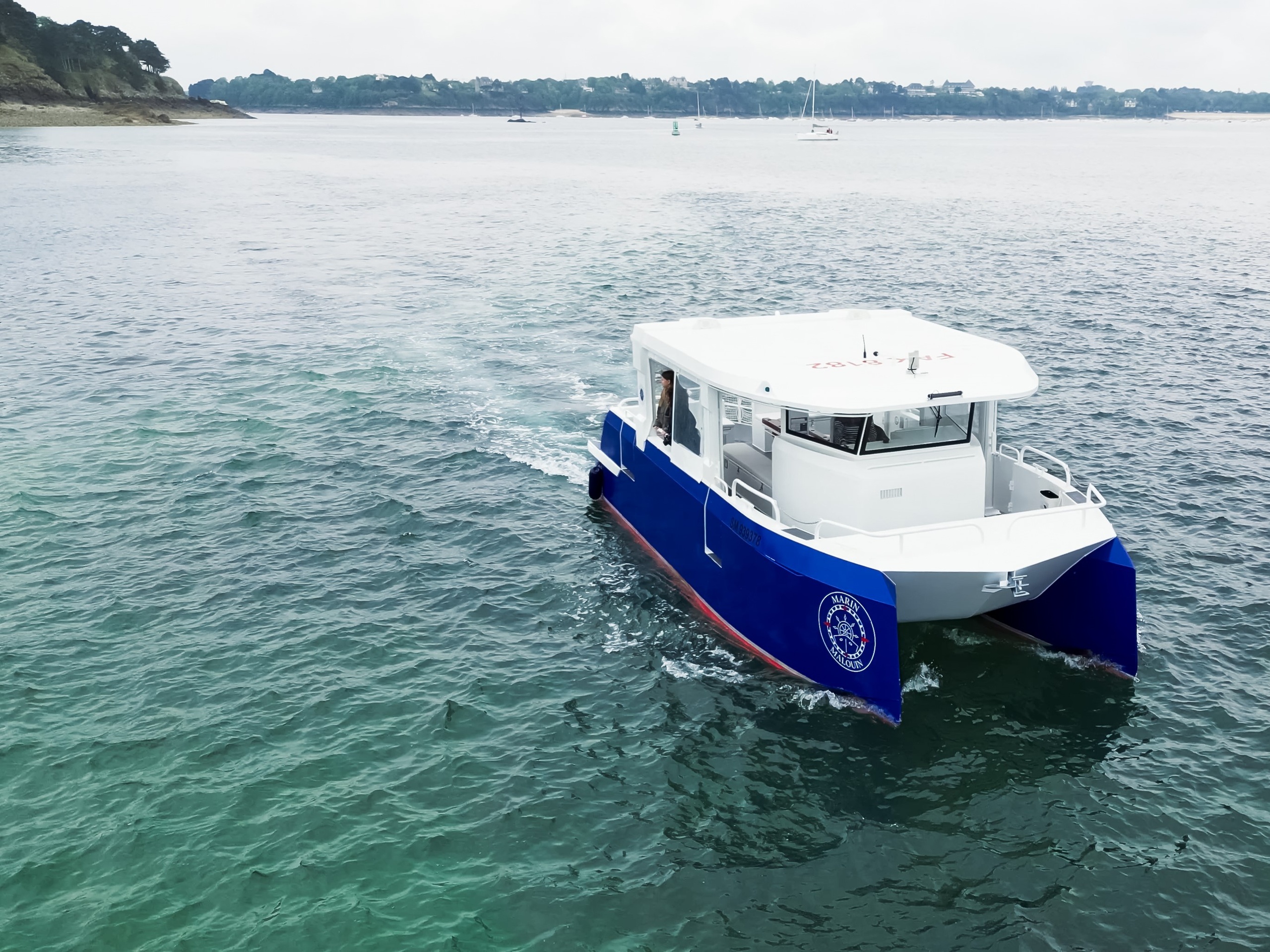 White and blue boat cruising on calm water near a forested shoreline.