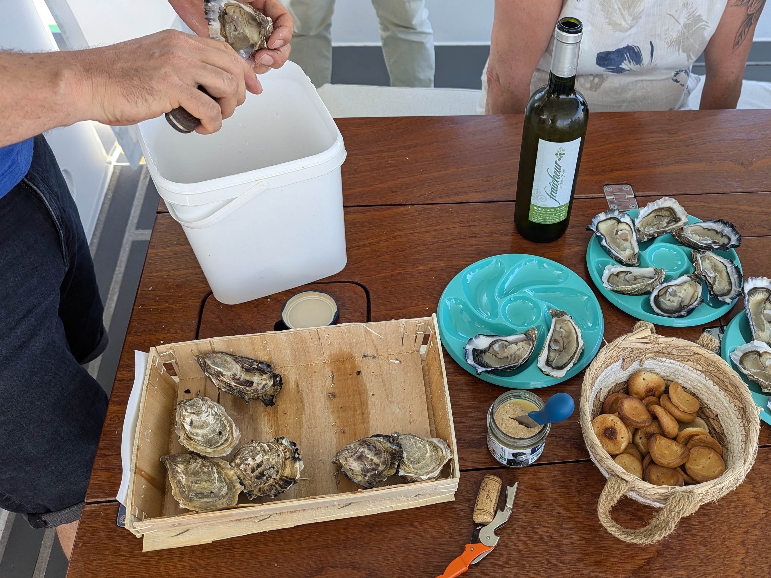 People shucking oysters at a table with plates, wine, and condiments.