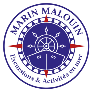 Logo with ship wheel, compass, and text 'Marin Malouin' and 'Excursions & Activités en mer'.