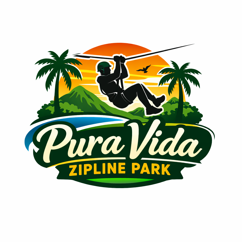 Logo with person ziplining, sunset, mountains, and palm trees, text: Pura Vida Zipline Park.