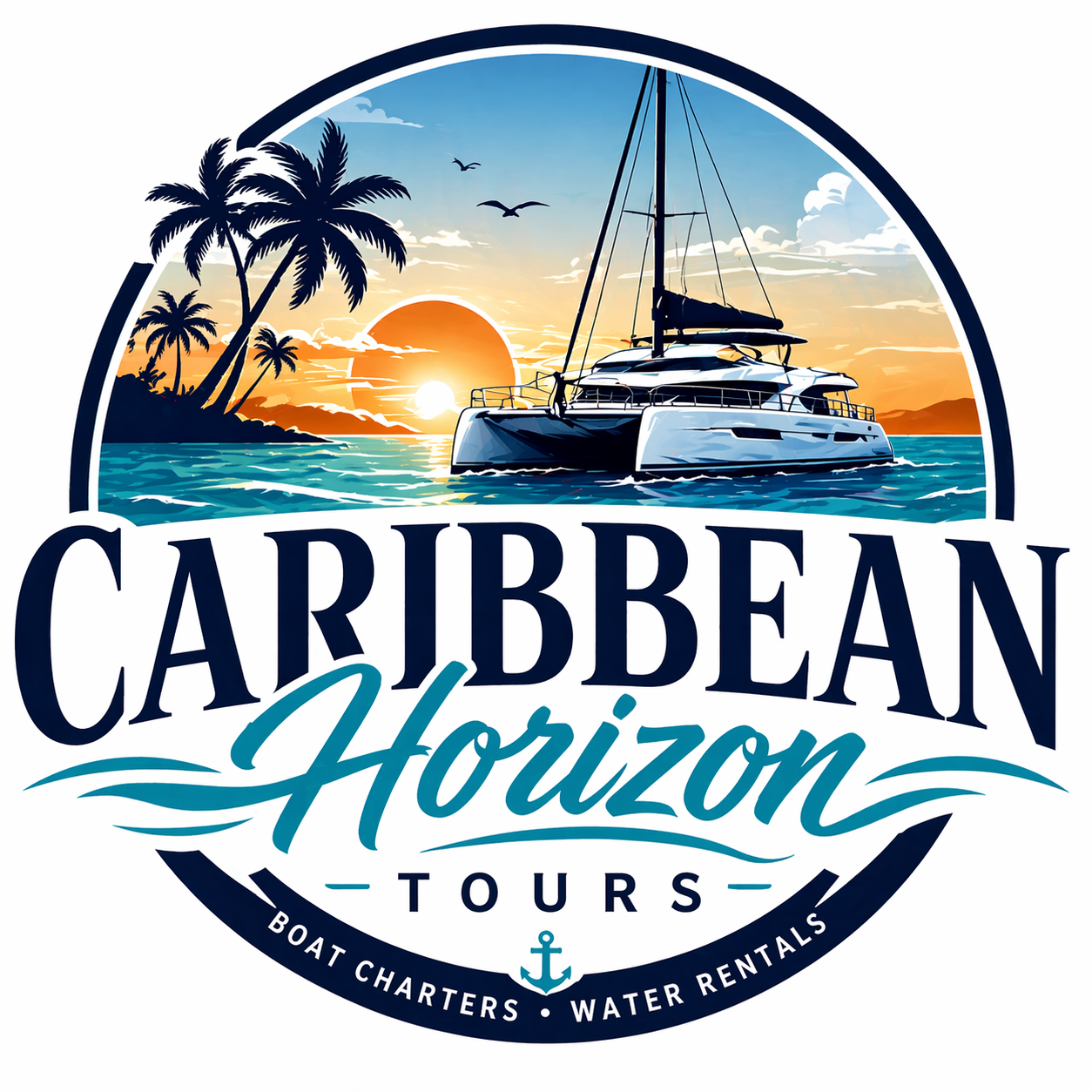 Logo: sailboat at sunset, palm trees, text 'Caribbean Horizon Tours, Boat Charters, Water Rentals'.