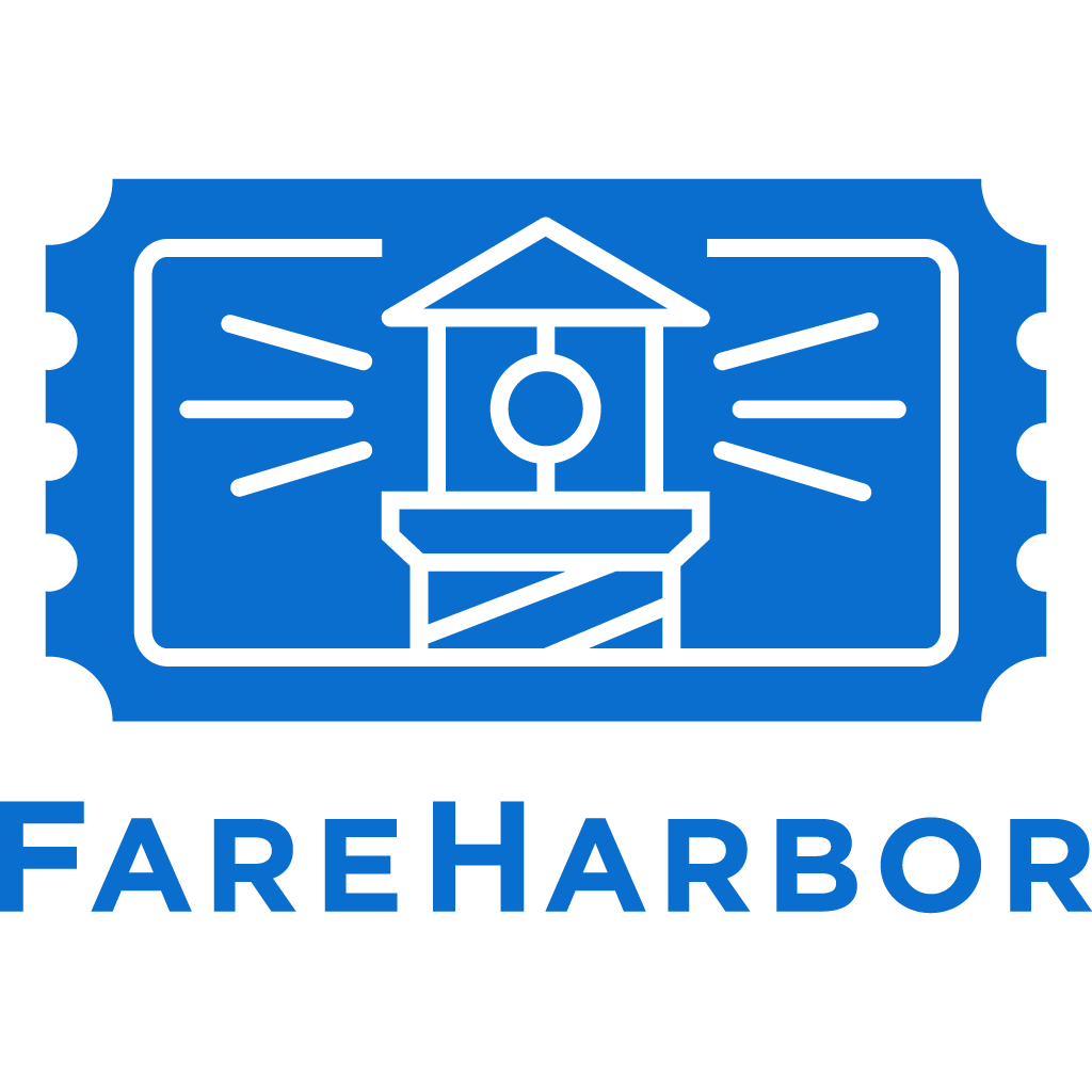 Blue logo with lighthouse and text: FareHarbor.