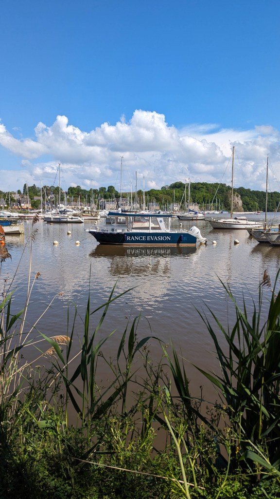 Boat on a calm river surrounded by greenery and a few anchored sailboats.