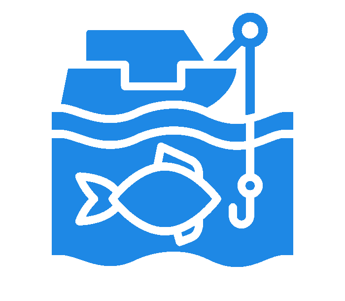 Blue icon of a boat, fish, and fishing hook in water.