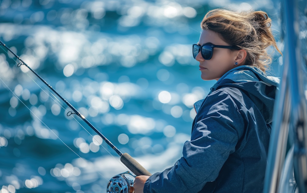 Woman wearing sunglasses fishing on a boat in sunny weather.