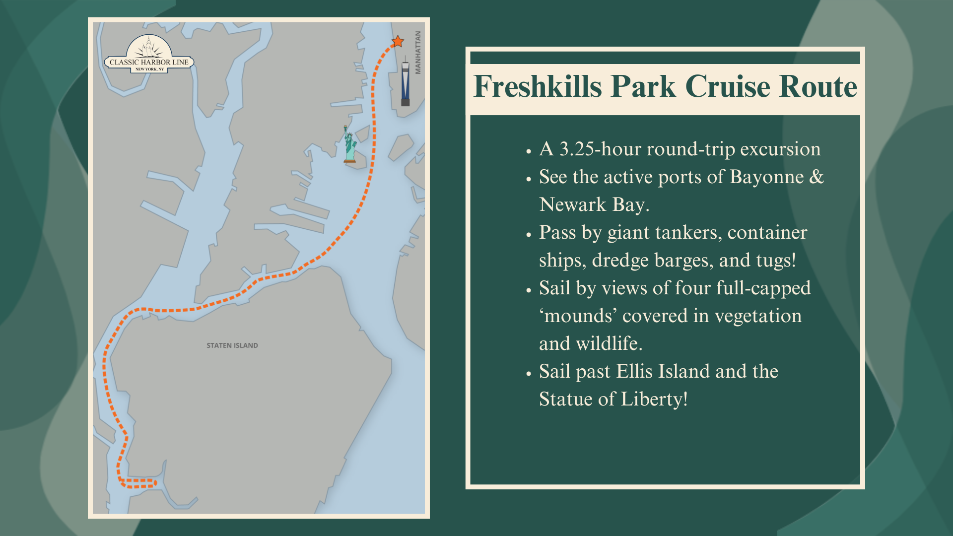 Cruise route map with text about Freshkills Park excursion and landmarks.