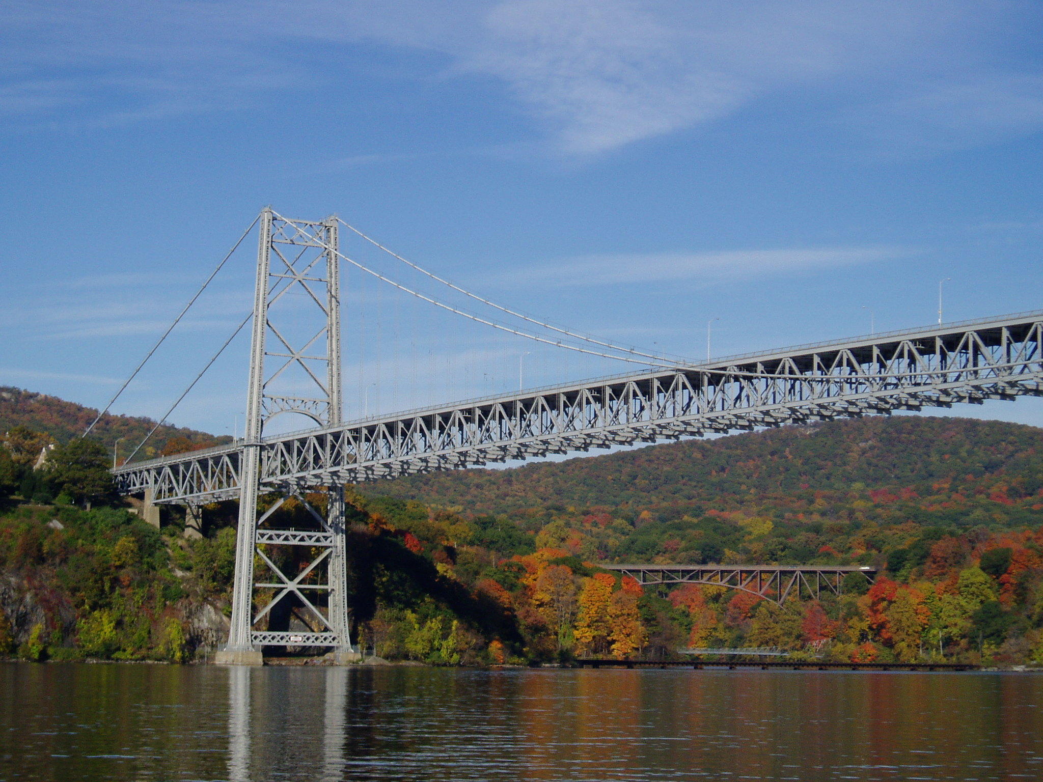 Suspension bridge over a river with autumn foliage on hills.