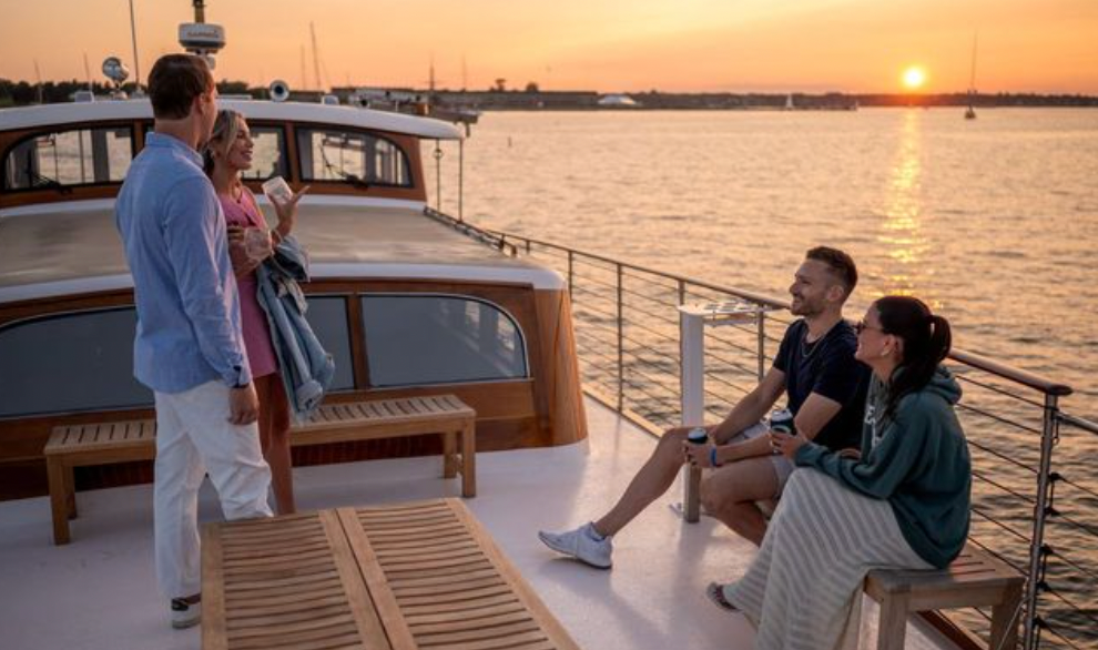 Four people on a boat at sunset, two sitting and two standing, with a calm water backdrop.