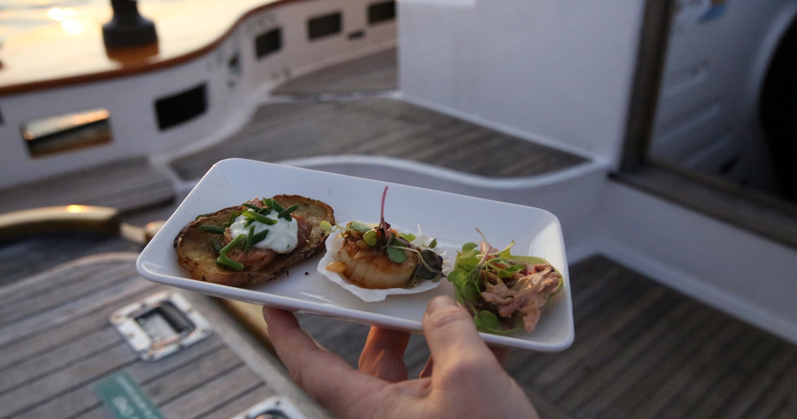 Hand holding a plate with appetizers on a boat deck.