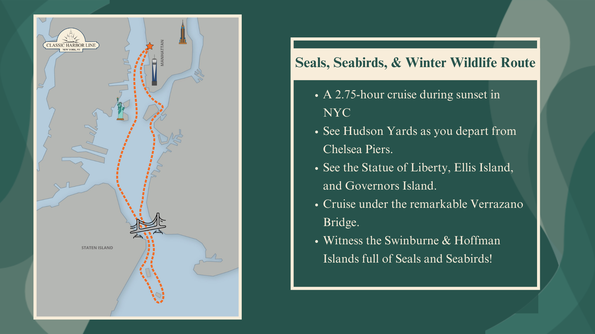 A cruise route map with tour details and landmarks in NYC.