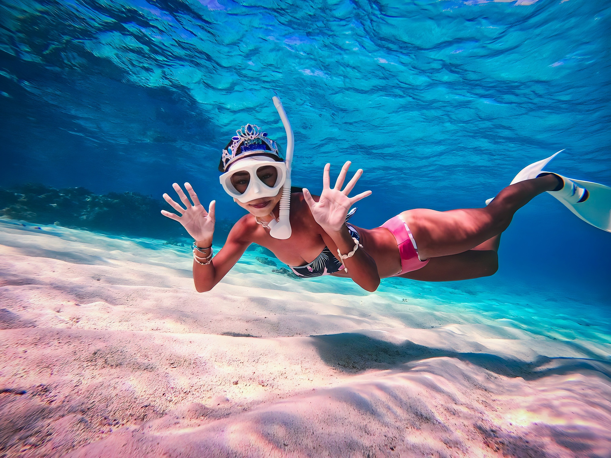 Person snorkeling underwater in clear blue ocean, wearing mask and fins, with hands raised.
