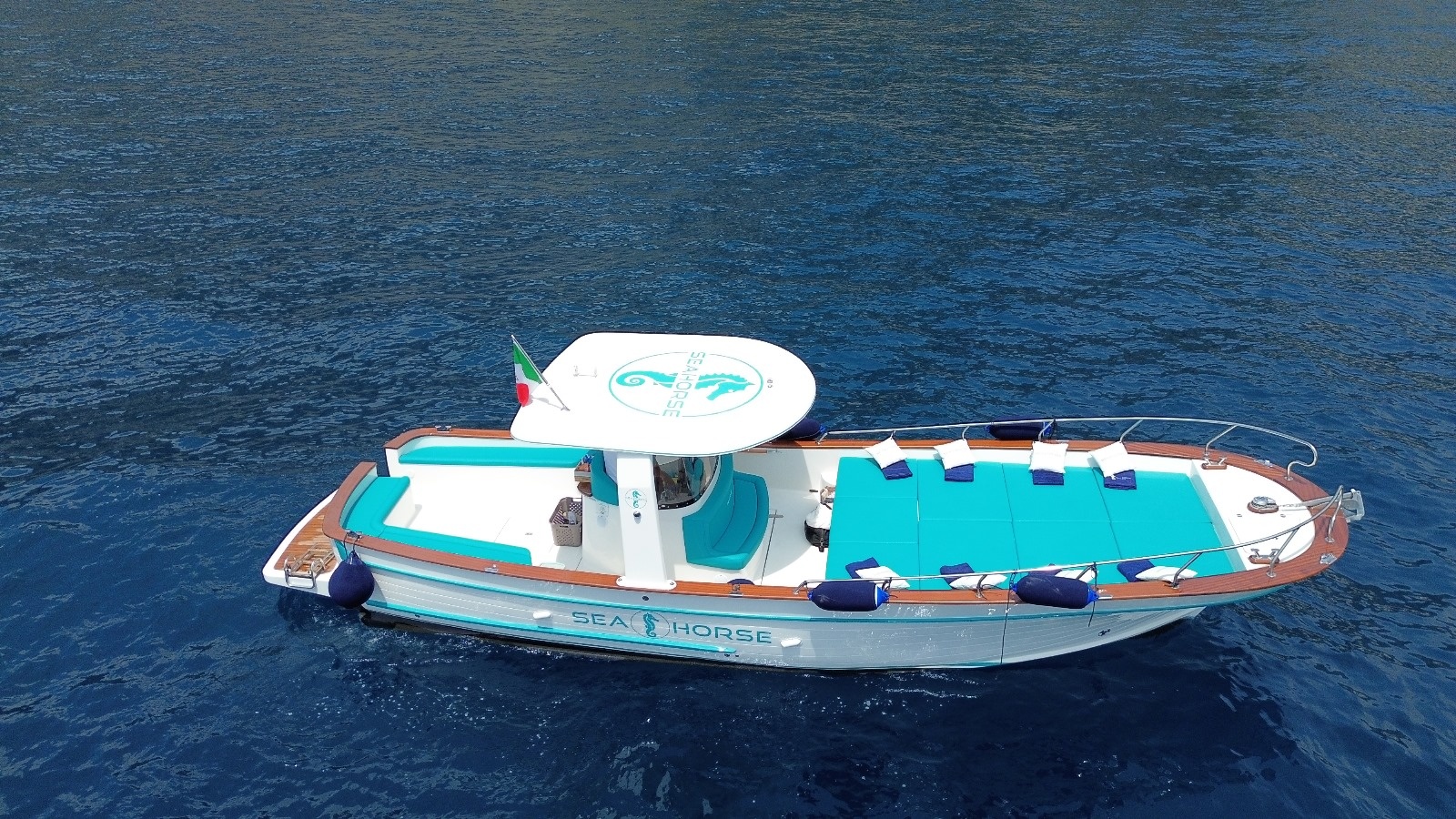 White and turquoise boat on blue water, canopy with logo.
