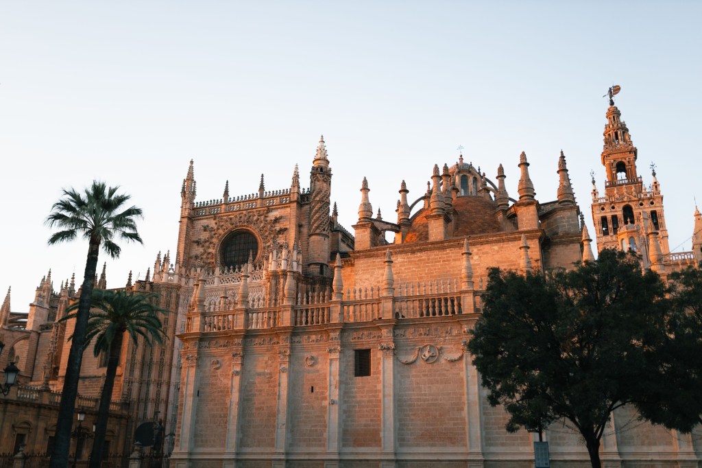 A historic cathedral with ornate spires, framed by trees and a clear sky.