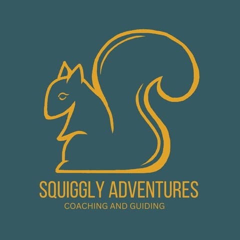 Yellow squirrel logo with 'Squiggly Adventures Coaching and Guiding' on teal background.