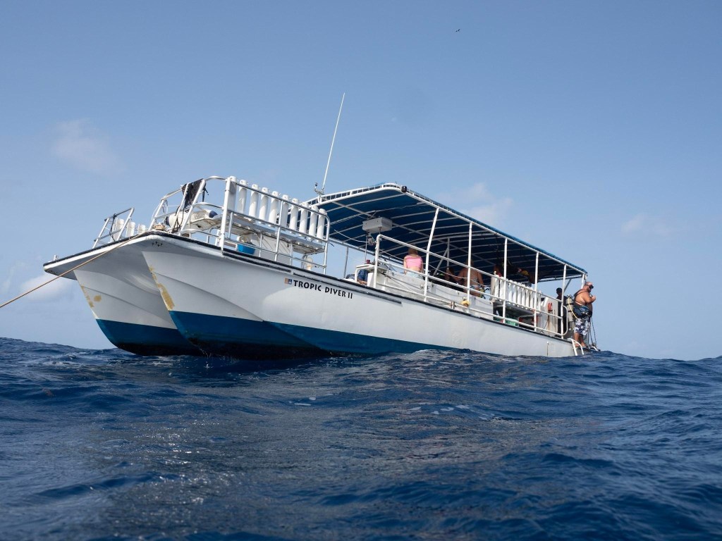 White boat on the ocean with people on board against a clear sky.