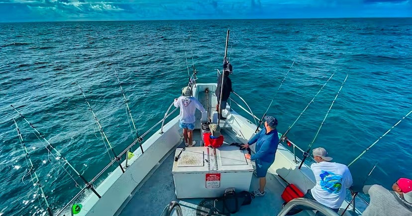 Four people fishing from a boat on the ocean under a blue sky.