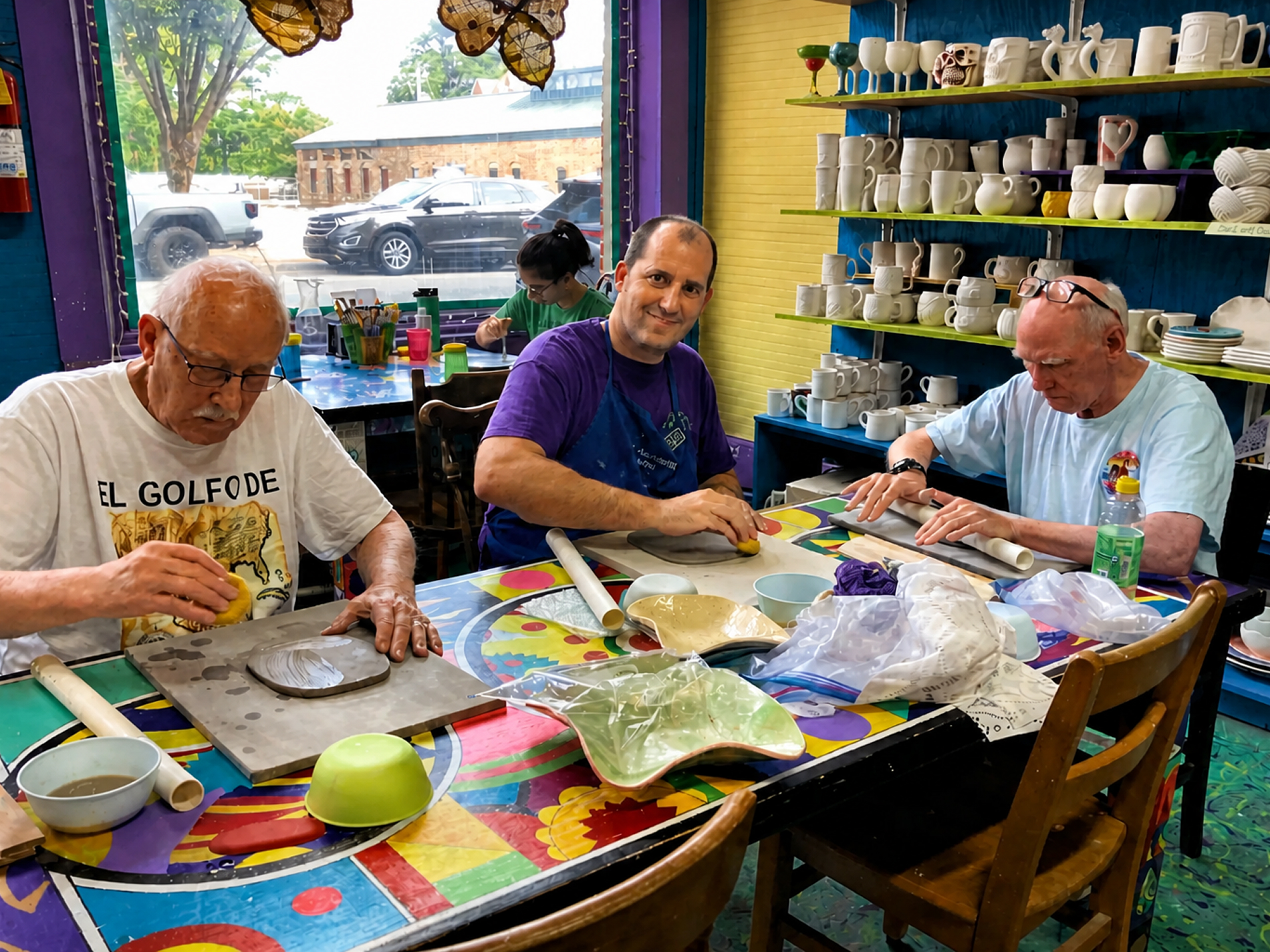 Three adults crafting pottery at a colorful table in a studio.