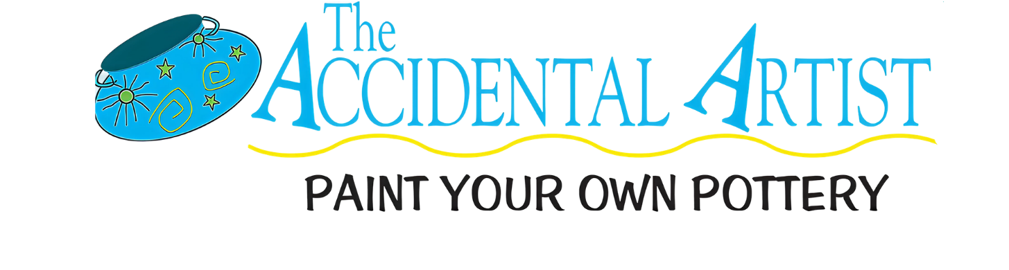 Logo with text 'The Accidental Artist' and 'Paint Your Own Pottery' featuring blue pottery.