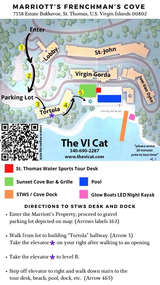 Map of Marriott's Frenchman's Cove with walking directions to STWS and dock.