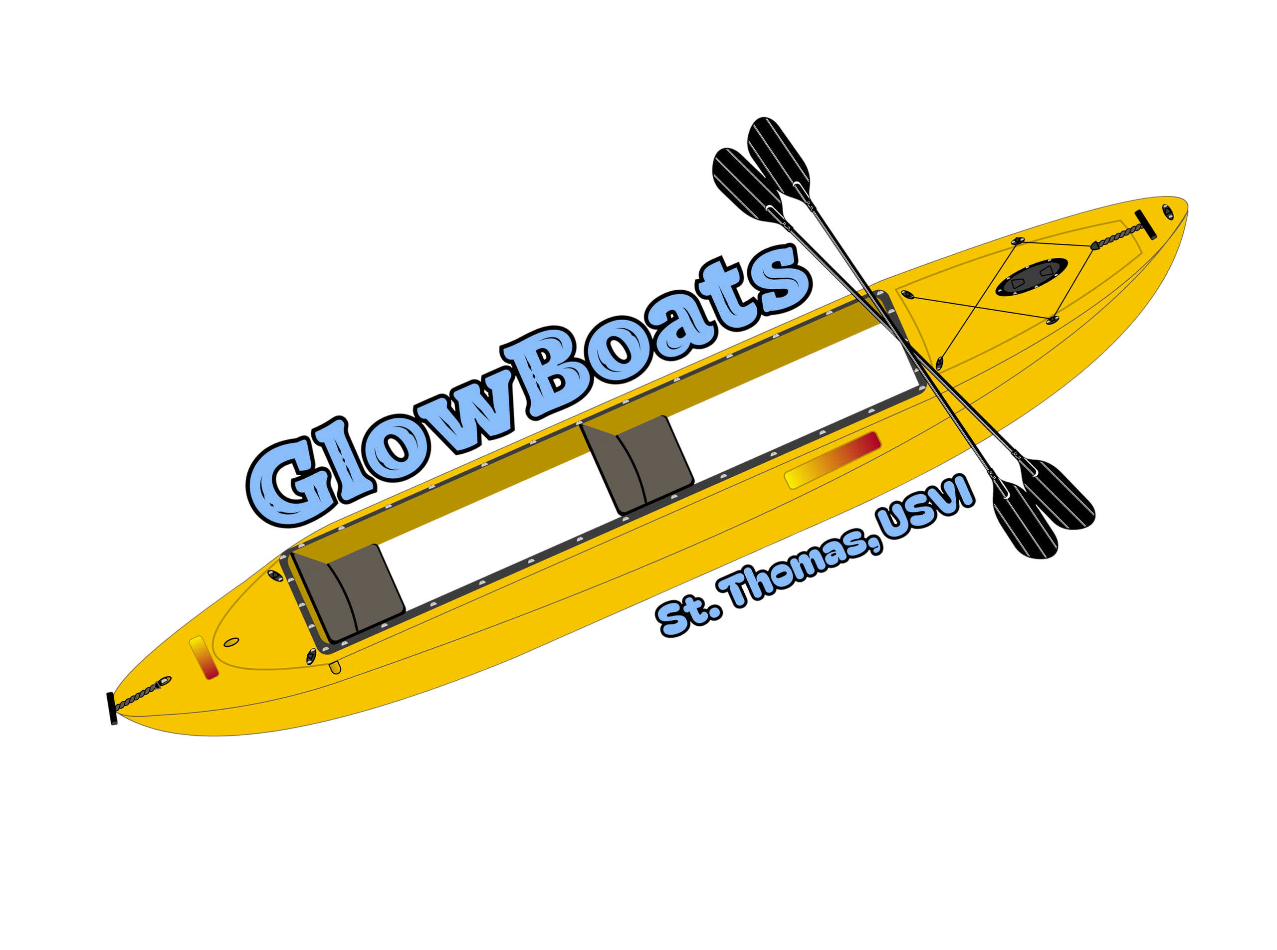 Yellow kayak with text 'GlowBoats, St. Thomas, USVI' and two paddles.