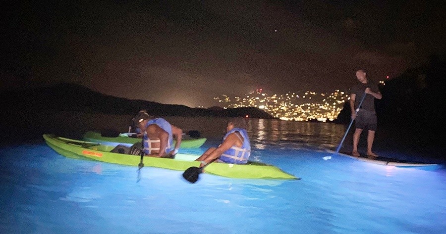 People kayaking and paddleboarding on luminous water at night with city lights in the background.