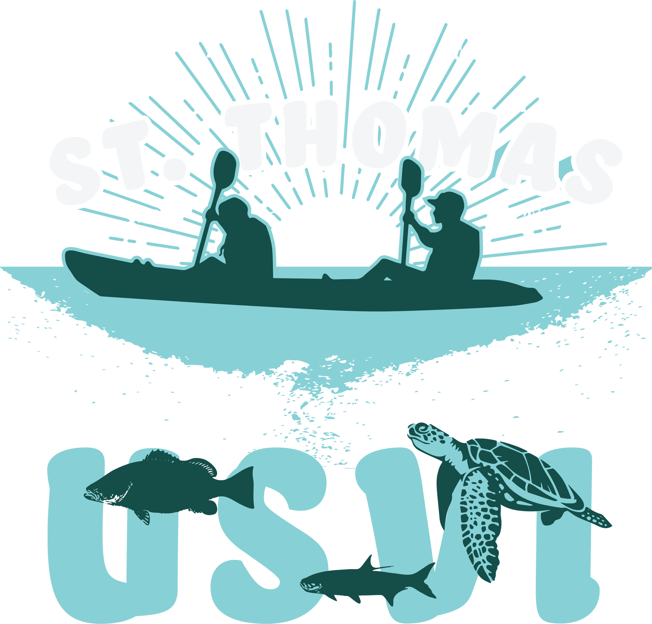 Silhouettes kayaking above sea life, 'St. Thomas USVI' text.