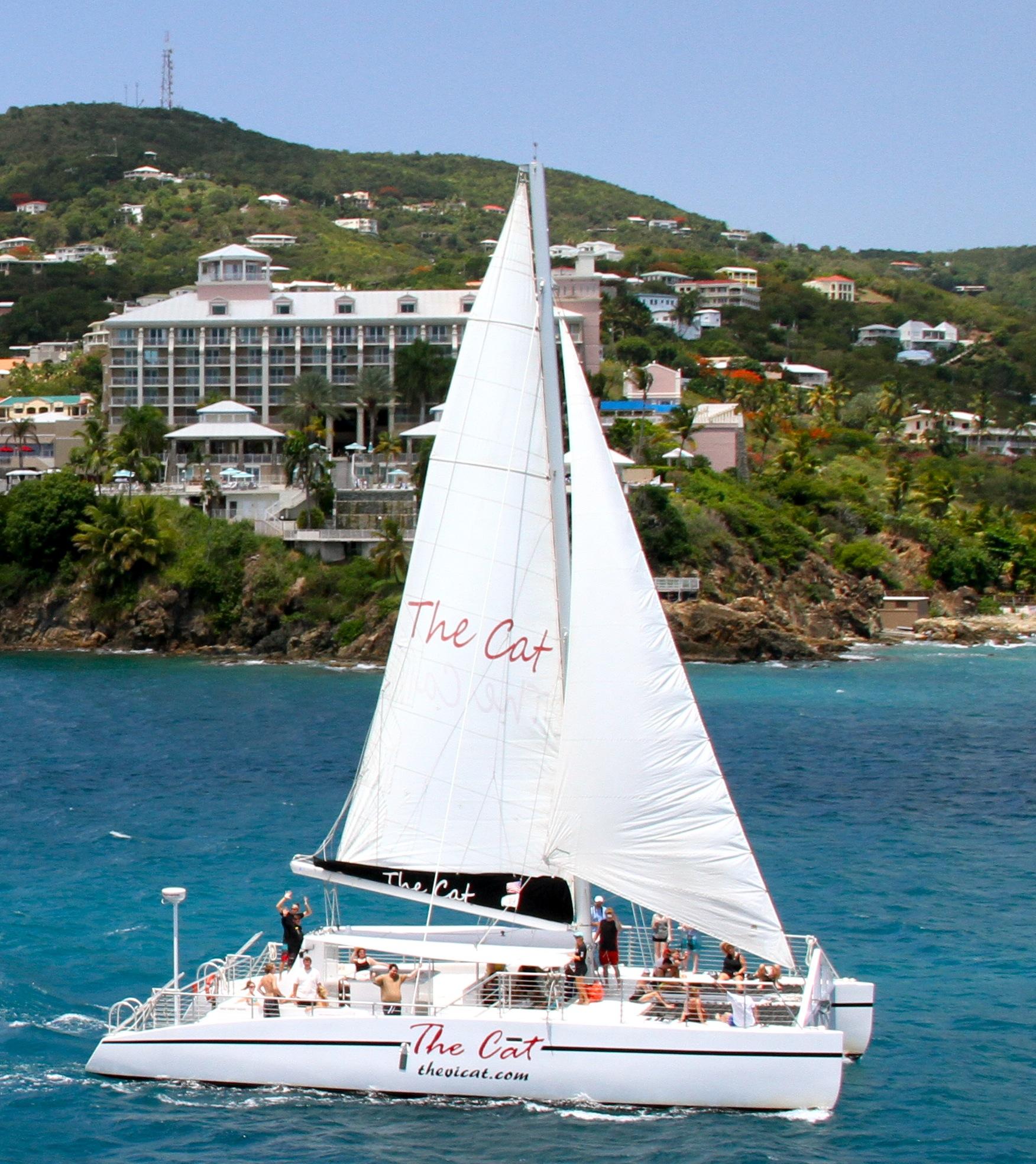 Sailboat named 'The Cat' on blue water, island and buildings in background.