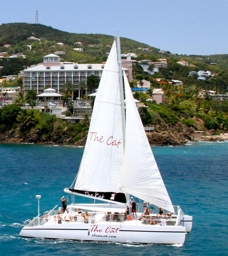 Sailboat named 'The Cat' on blue water, island and buildings in background.
