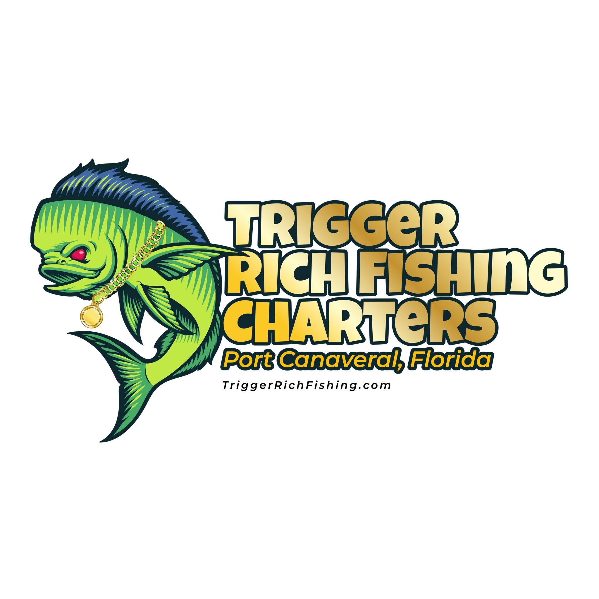 Logo with a green fish wearing a necklace and text: Trigger Rich Fishing Charters, Port Canaveral, Florida.