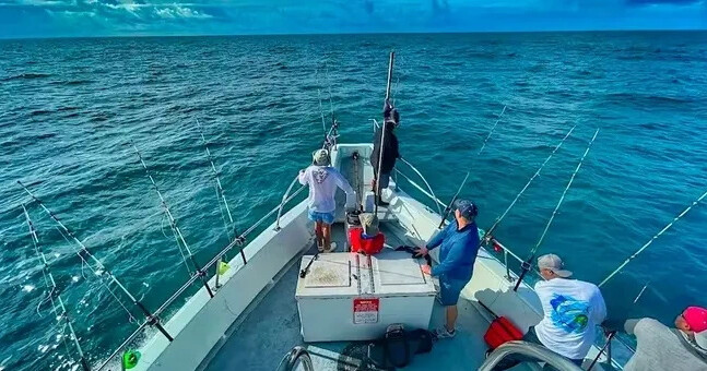 People fishing on a boat in the ocean under a blue sky.