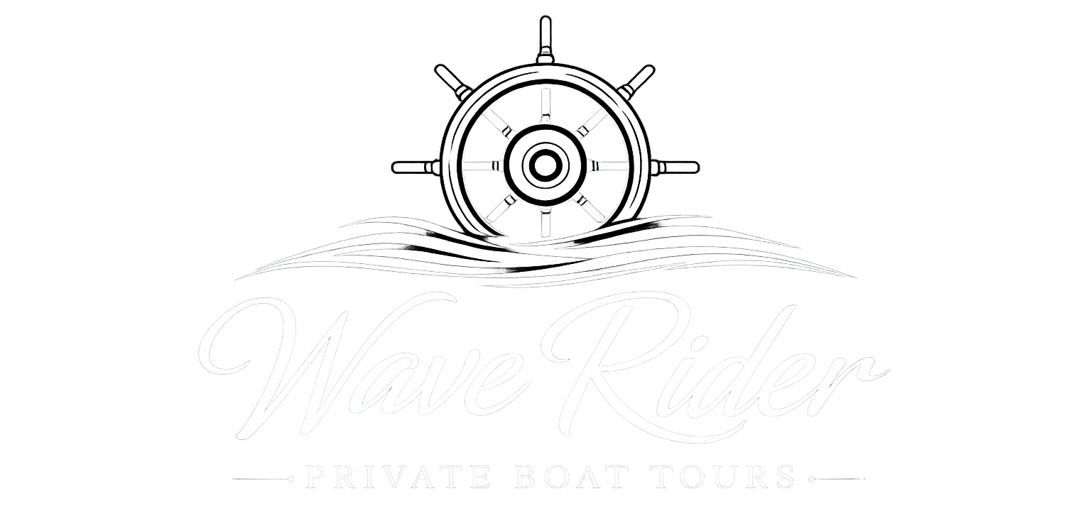 A ship's wheel above waves with text 'Wave Rider Private Boat Tours'.