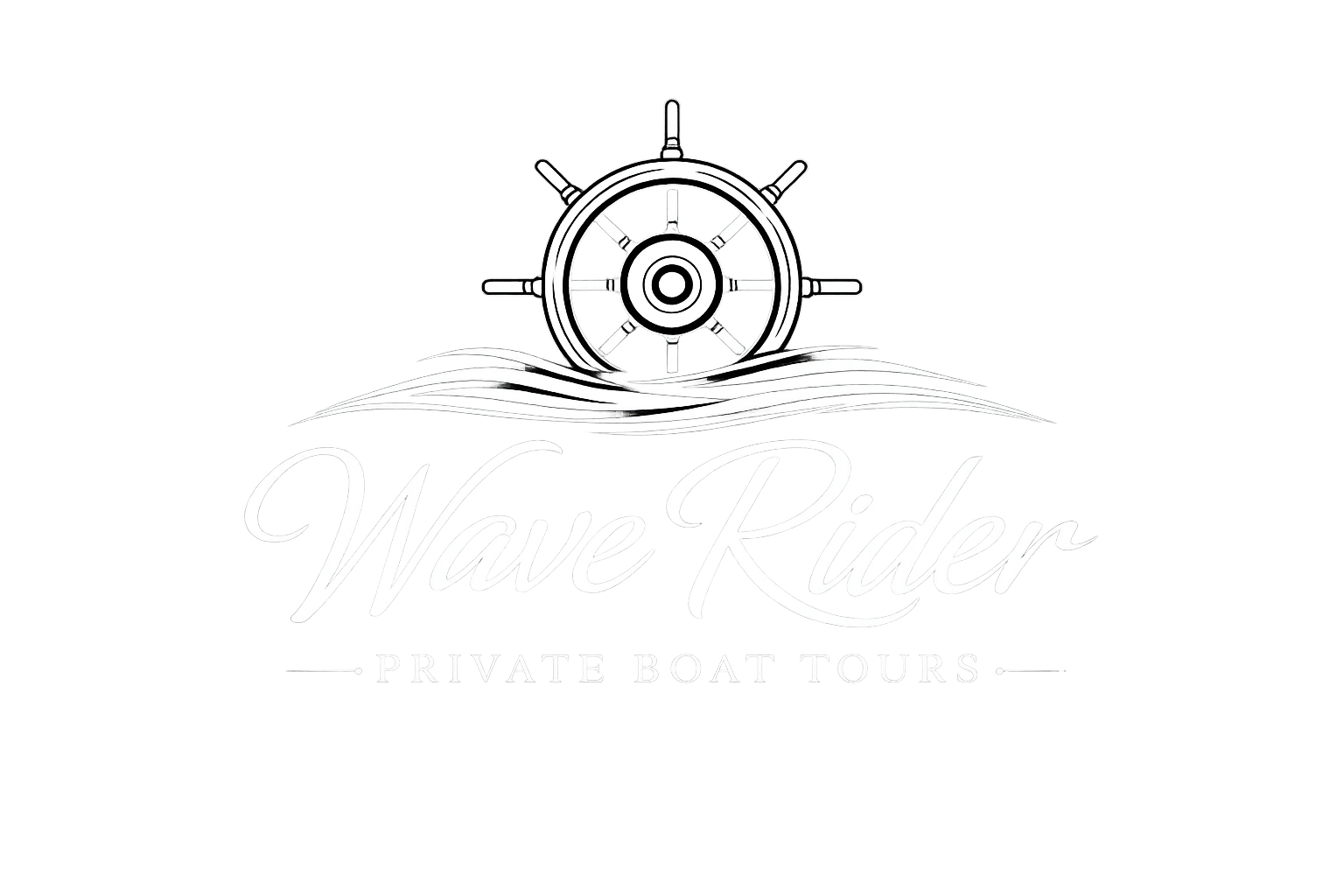 A ship's wheel above waves with text 'Wave Rider Private Boat Tours'.