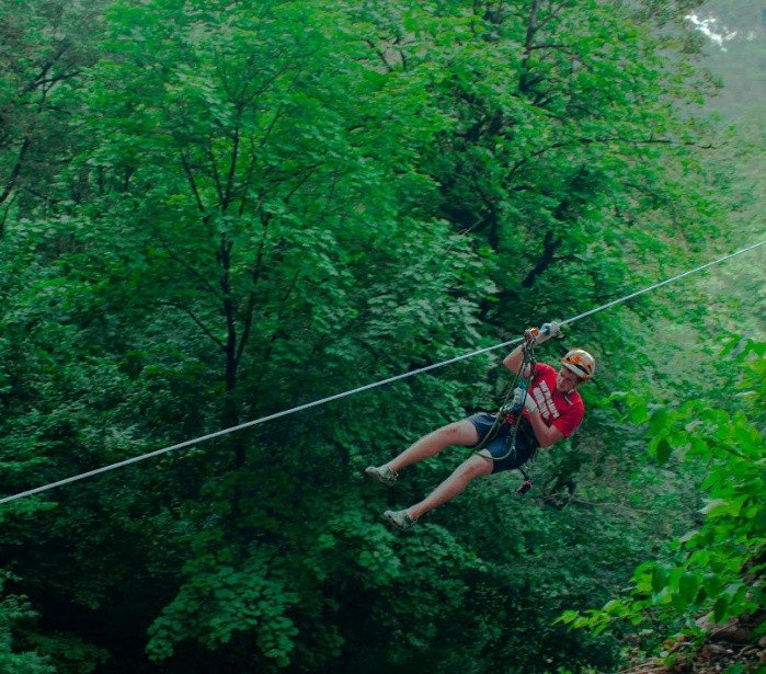 Person zip-lining through a lush green forest.