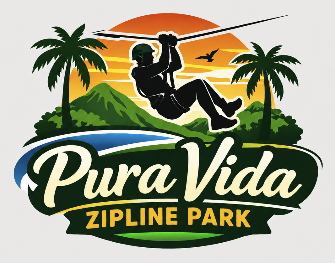 Logo of Pura Vida Zipline Park with person ziplining and palm trees.