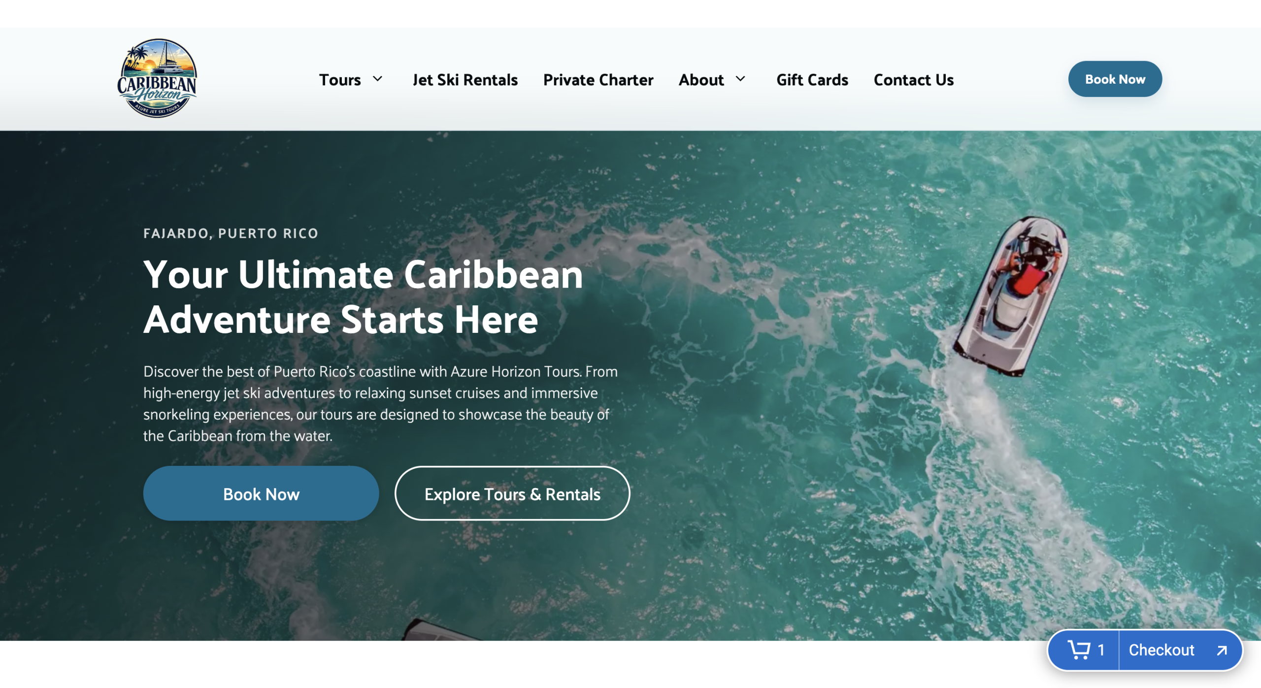 Website homepage with aerial view of jet skis on ocean.